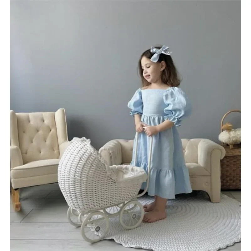 Children Clothing  Girls Dress 2023 Summer Cotton and Linen Back Adjustment Bubble Sleeve Princess Sweet Simple Dress for Girls