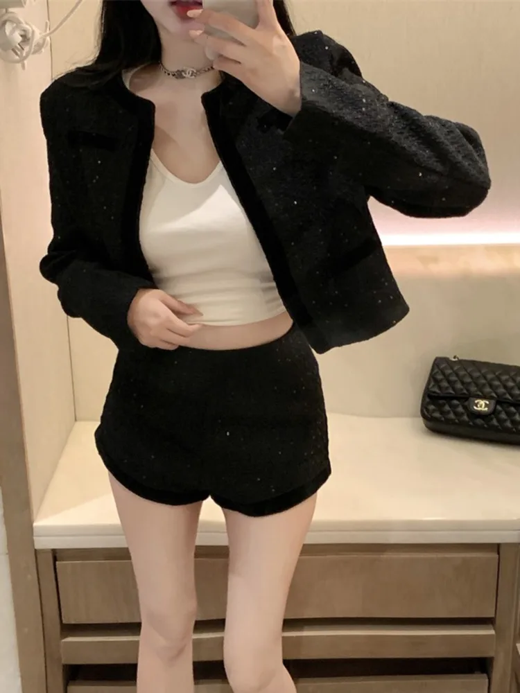 High Quality French Small Fragrance Tweed Two Piece Set Women Short Jacket Coat + Short Suits Korean Fashion  2 Piece Pant Sets