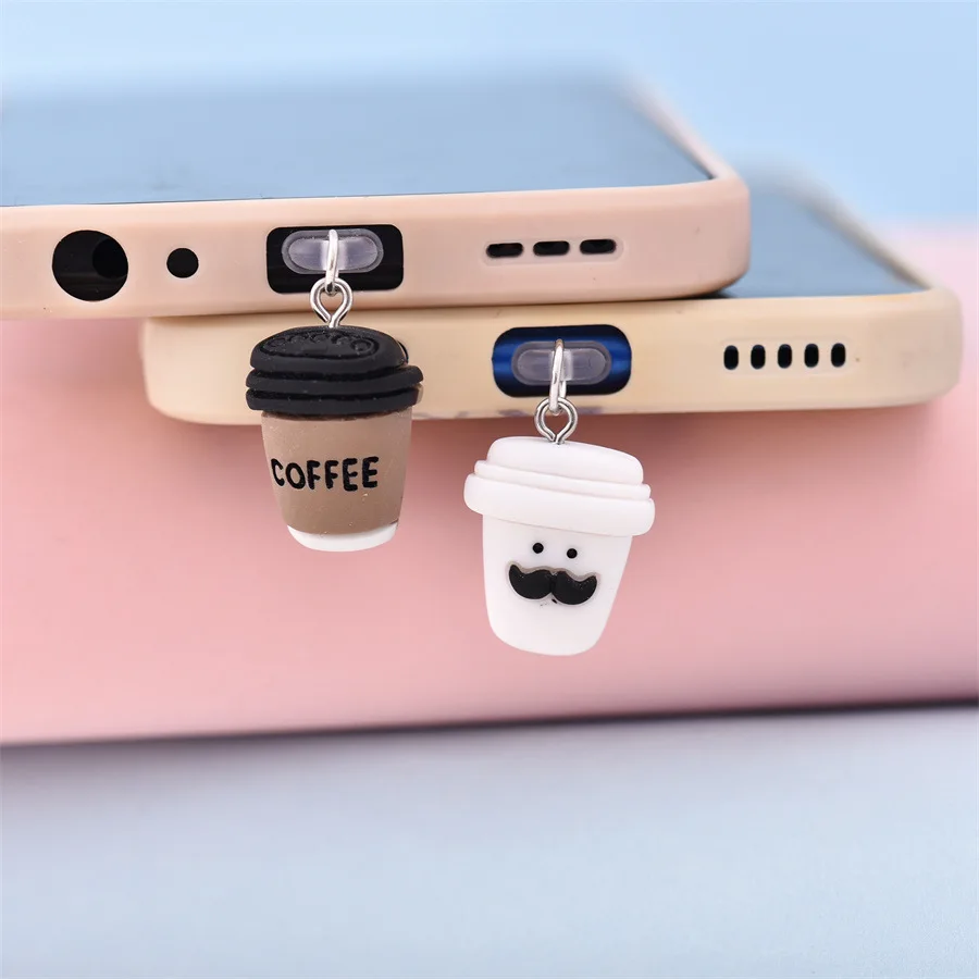 1pcs Coffee Cup design Phone Dust plug Accessories Decoration Hanging Pendant for iPhone for Samsung Type-C Charging Port