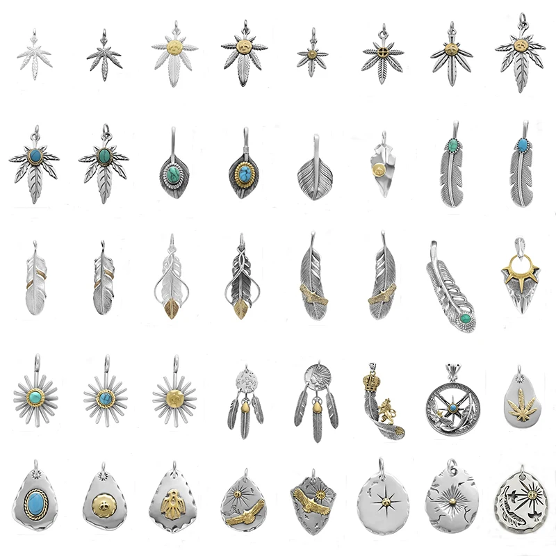 Japanese S925 pure silver feather maple leaf pendant Indian style gold flying eagle silver cake men's and women's pendant