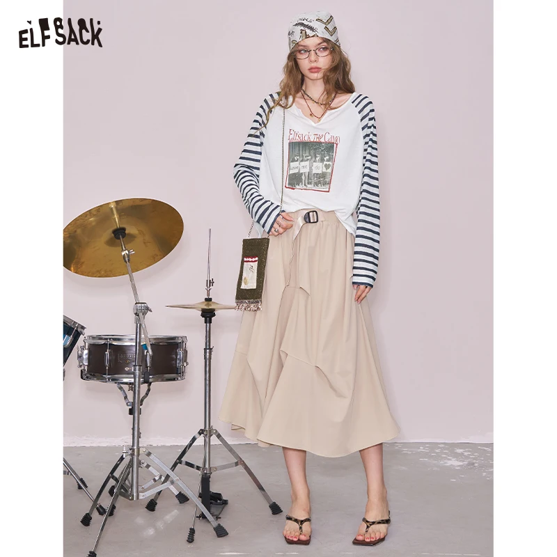 ELFSACK 2025 Summer New Arrival Cool Casual Striped Shoulder Print Long-Sleeved Graphic T-shirt Hoodie For Woman