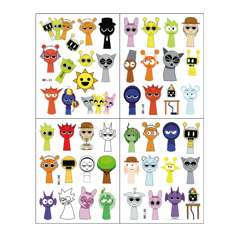 Sprunki Incredibox الطفل لصاقات وشم الكرتون أنيمي نقل المياه المطبوعة الاطفال تأثيري اللعب الكلاسيكية هدية عيد ميلاد المبيعات الساخنة
