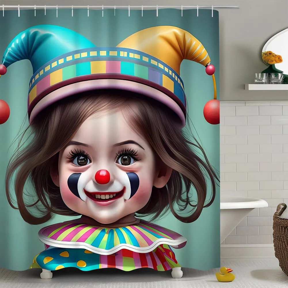 

"Funny Clown Girl Waterproof Shower Curtain with Colorful Hat for Kids Bathroom Decor Accessories"