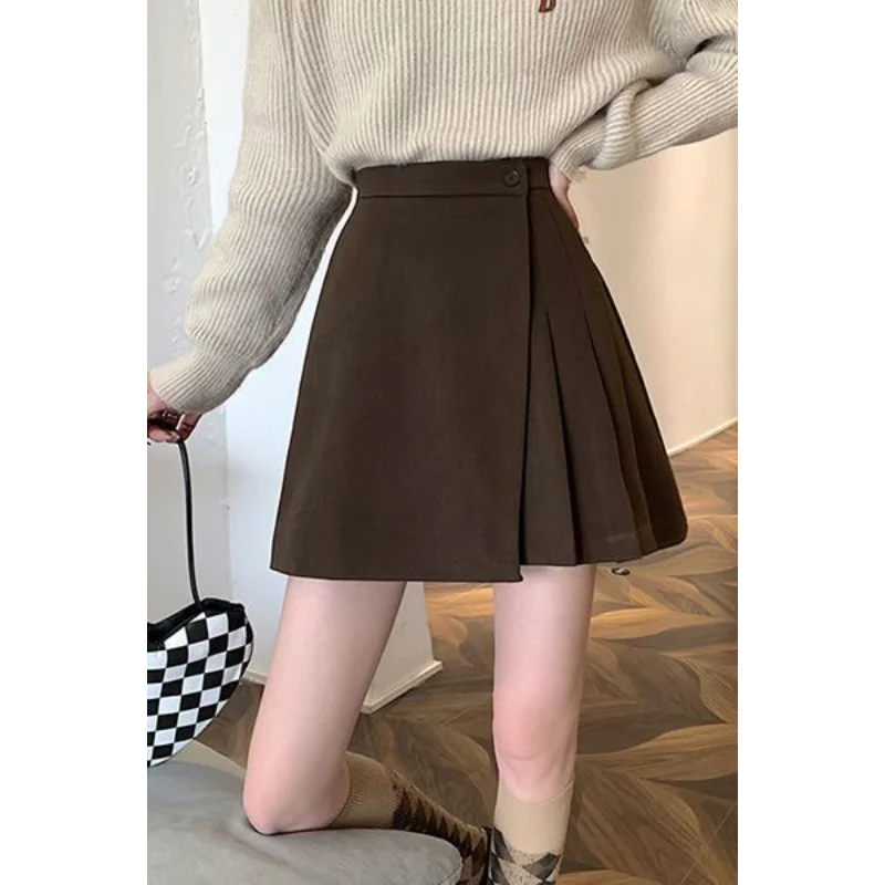 

Autumn and Winter Women's 2025 New Spliced fashionable Solid Color Slim A-line Anti-exposure Pleated Versatile Skirt