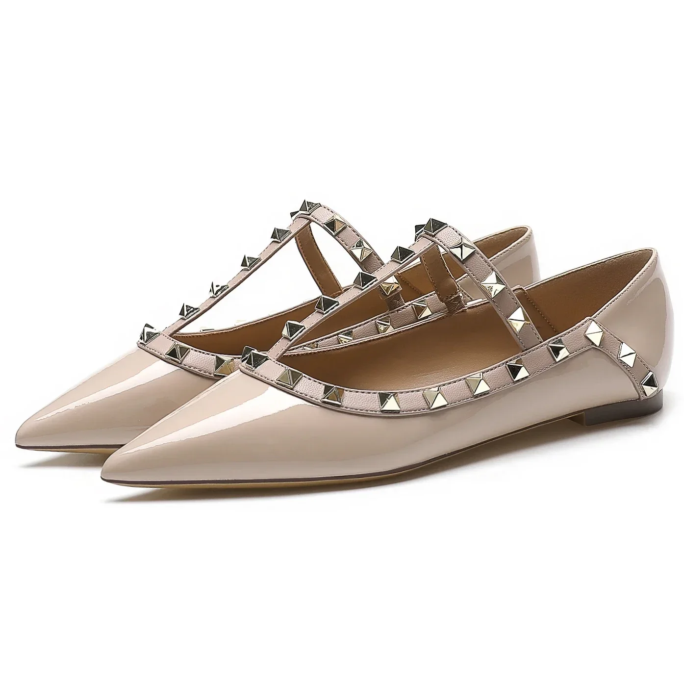 【Measure your feet length before order】Luxry Designer Women Ballet Flat Pump Rivet T Strap Pointy Toe Party Dress Shoe 97-CHC-33