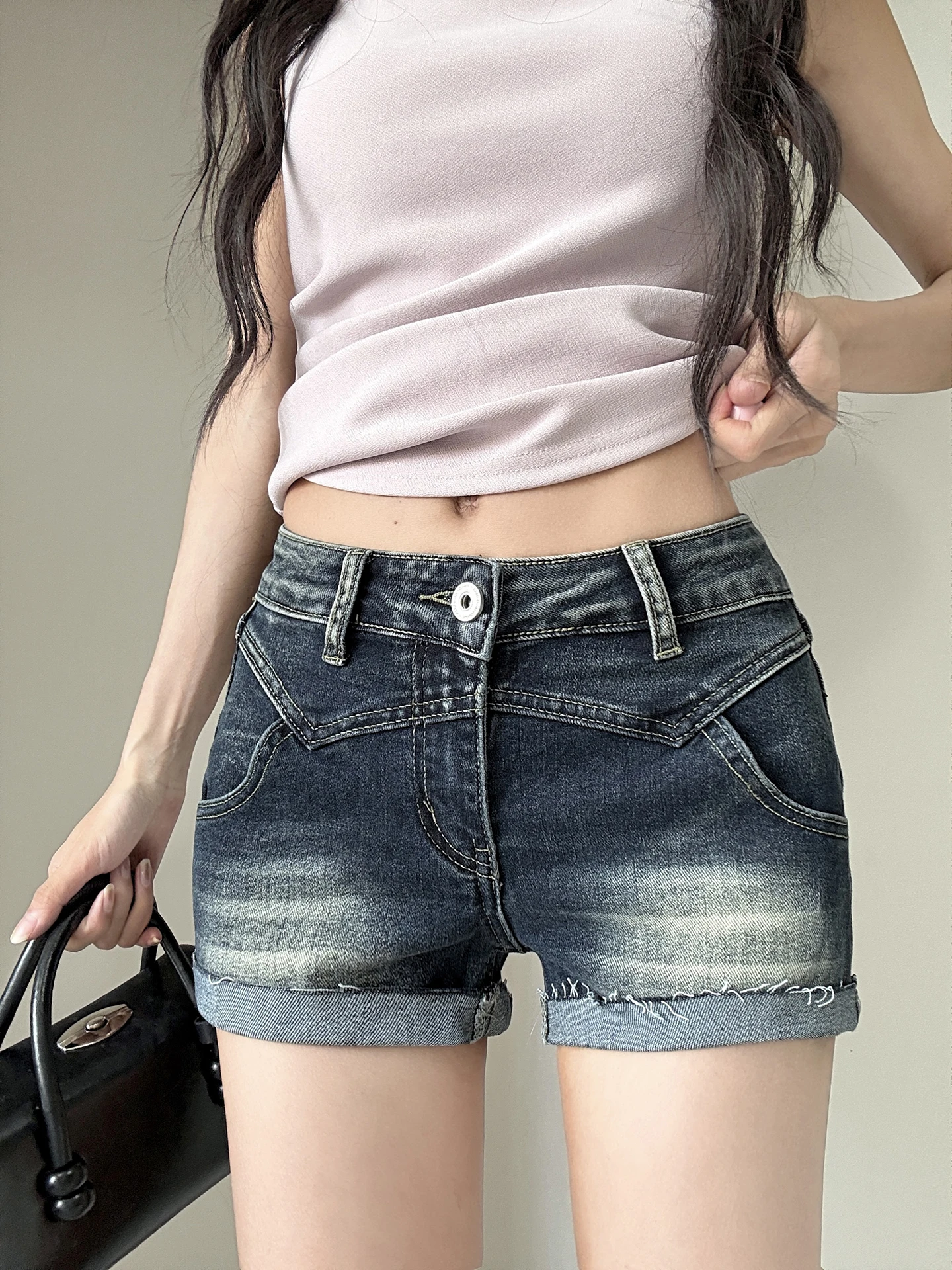 Slim Fit High Waist Denim Shorts Women's Sexy Bodycon  Skirt Grey Smoke Color Street Style Retro Roll up Cuff Hot Pants