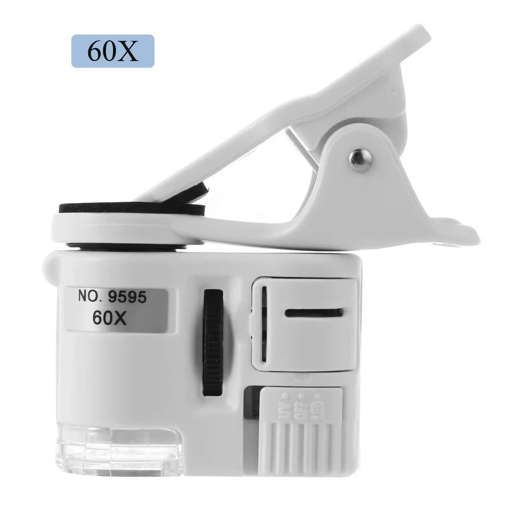 

60-кратный регулируемый светодиодный УФ-микроскоп для ювелирных изделий с креплением для телефона, универсальный карманный увеличитель для проверки монет