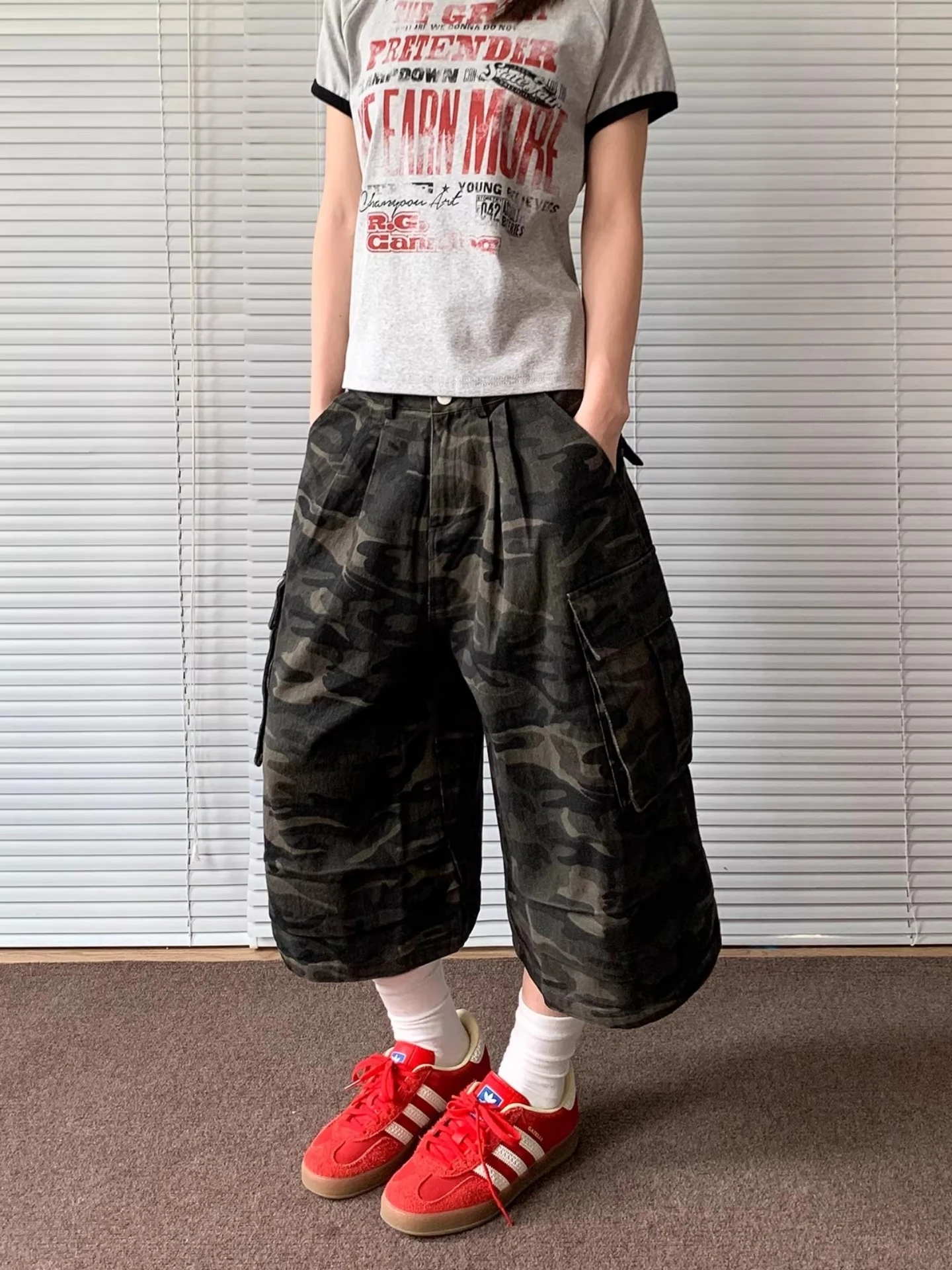 American Retro Pleated Camouflage Seven-Foot Denim Work Pants Women's Loose Wide Leg Pants Summer New Street Style High Waist