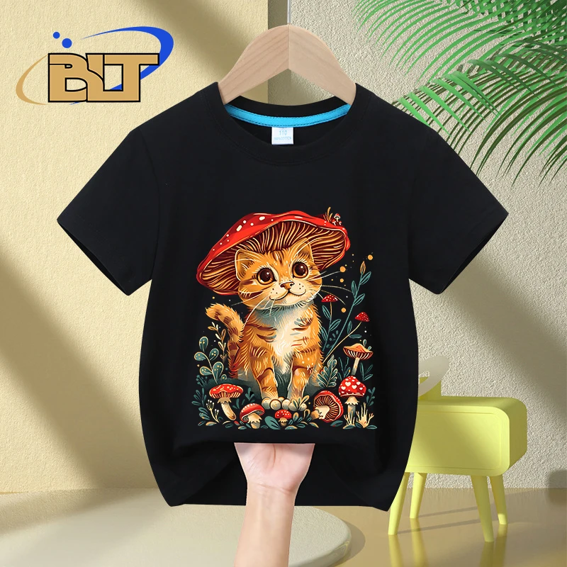 T-shirt à manches courtes en pur coton pour enfants, haut personnalisé, imprimé chat, chambre lente, cadeau pour filles, été