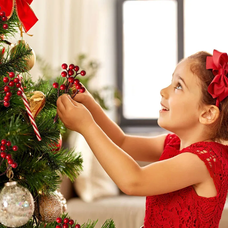 5-20Pcs Artificial Christmas Red Fruits Branch Holly Berries Plants Fake Xmas Tree Decorations for New Year Party Home Ornament