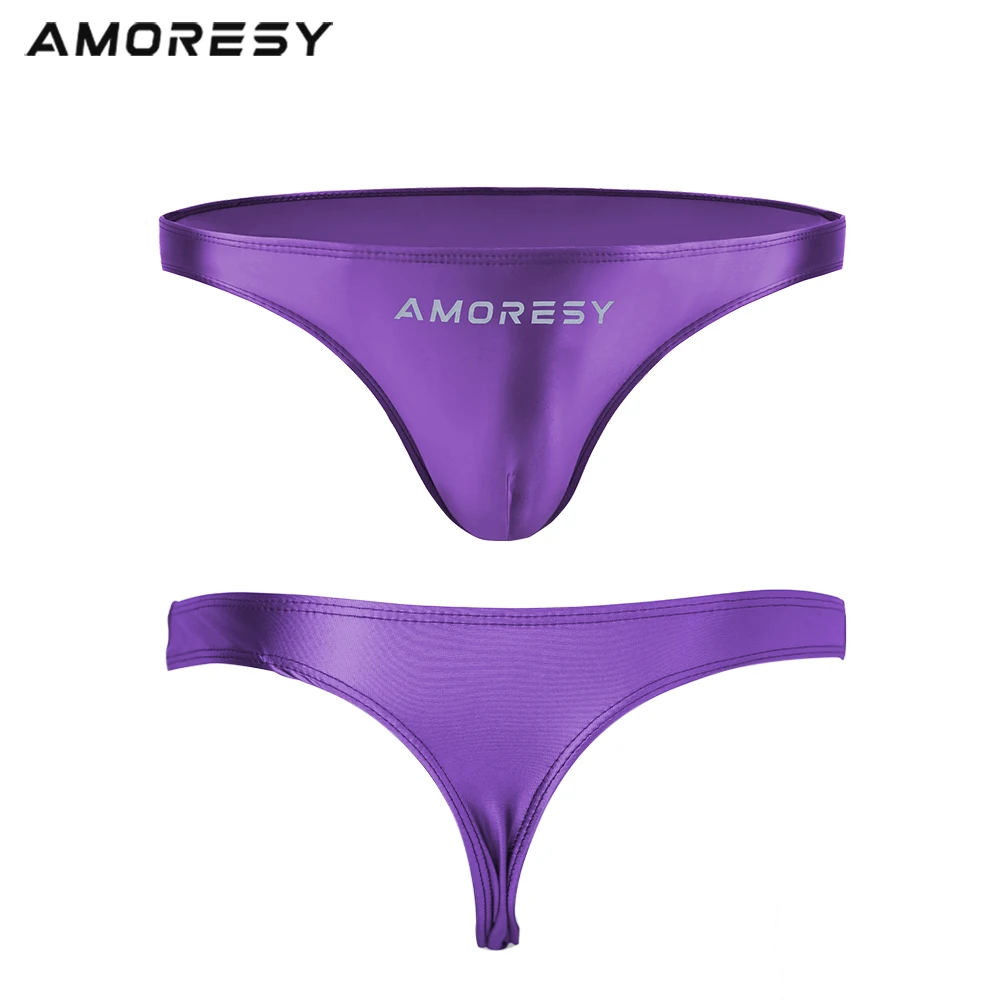 AMORESY Oceanus series spandex men\'s solid color ultra-low waist sexy sports comfortable thong swim trunks