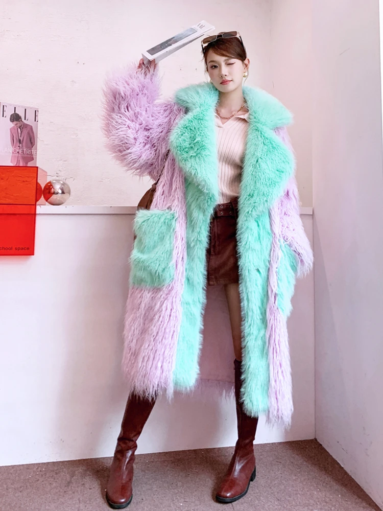 Original Design Female Fashion Pink Faux Fur Coat Lapel Long Jacket Lady Shaggy Outerwear  Women\'s Winter Coats Promotion