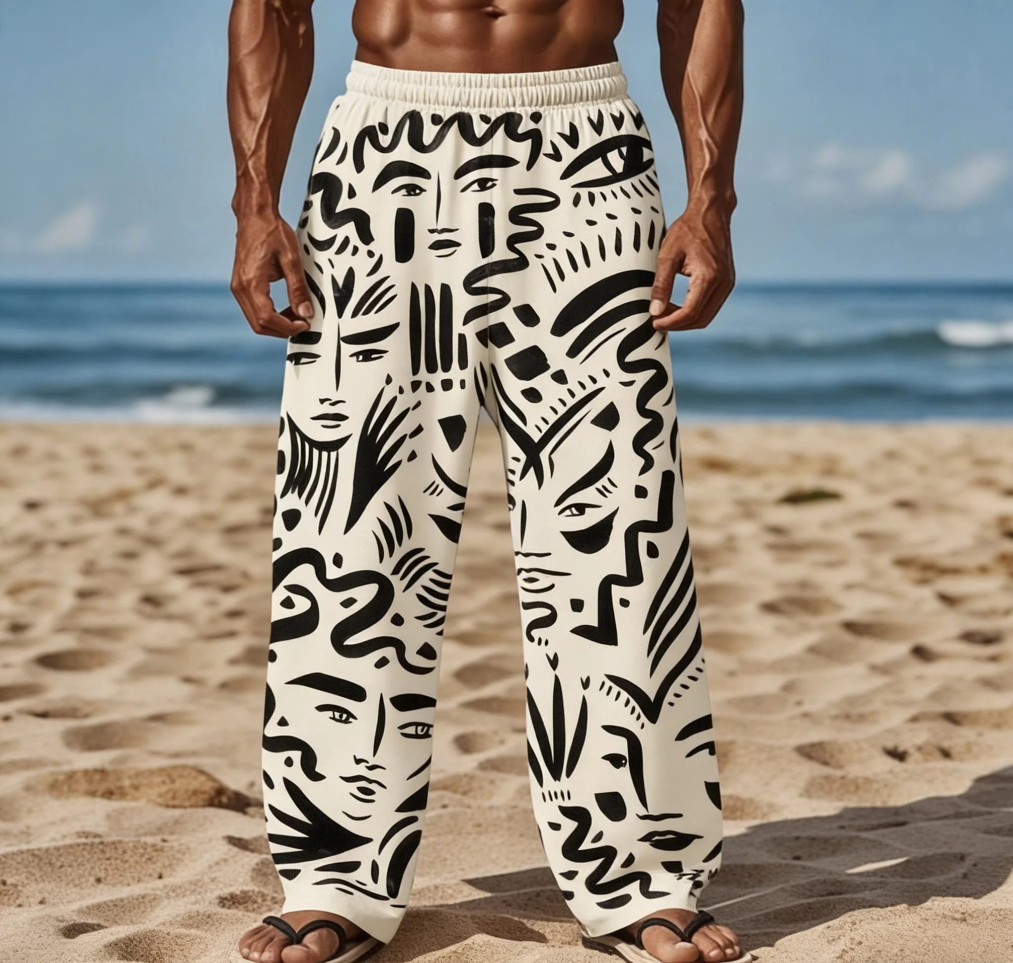 Men's Summer New Hawaiian Black and White Abstract Graffiti Print Straight Leg Pants Beach Casual Pants