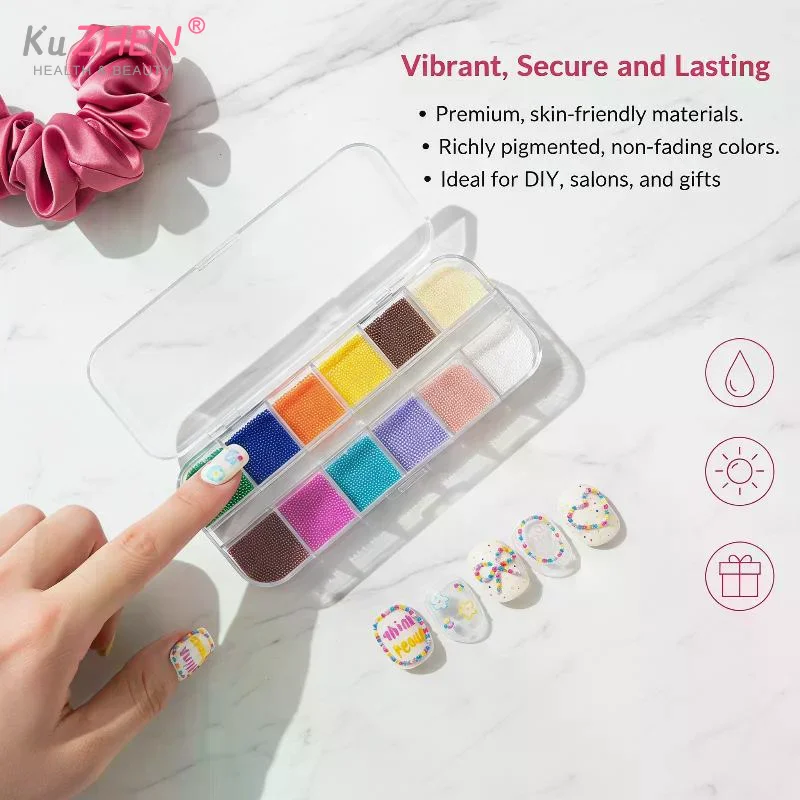 1 Box (12 Grids ) Mini Caviar Nail Art Beads Bright Glossy Finish Vibrant Colors For Home DIY Nails Salon Nail Art Decorations