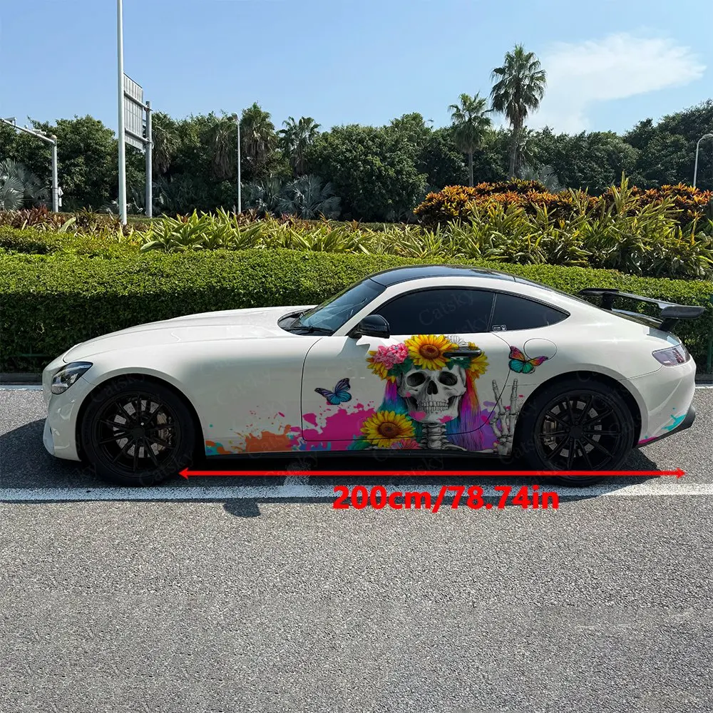 2pcs Graffiti Splatter Skull Butterfly Car Side Wraps, Self-Adhesive PVC Waterproof & Scratch-Resistant Stickers, Car Accessory