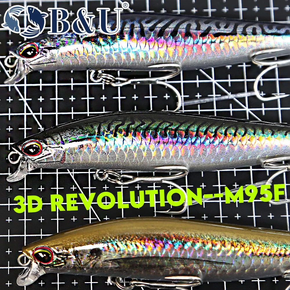 B&U 3D Printing 95mm 13.2g Floating Wobbler Slatwater Fishing Lures Minnow Crank Wobbler Fishing Tackle Hooks Hard Bait