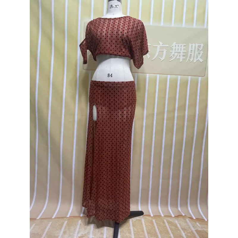 Trajes de dança do ventre personalizados conjunto de renda sexy vestido de prática onda ponto único garfo solto dança do ventre dança do ventre