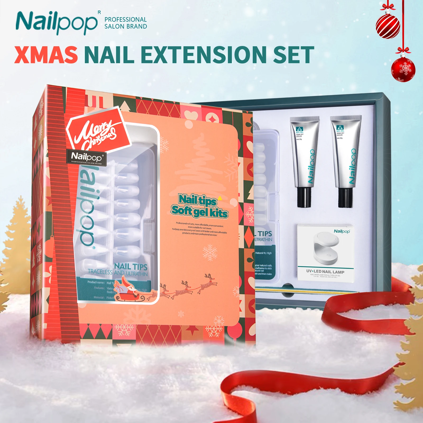 Nailpop Christmas Nail Art Kit Xmas Fake Nail Tips Set Portable UV LED Lamp Soft Gel Glue for Quick Nails Extension Gift Kit