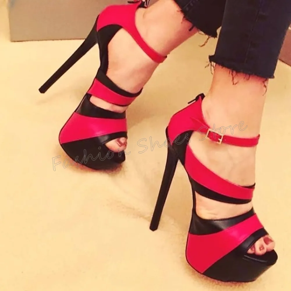 

Red Splicing Peep Toe Ankle Buckle Sandals Back Zipper Thin High Heels High Heel Shoes for Women Heels 2025 New Zapatos Para Muj