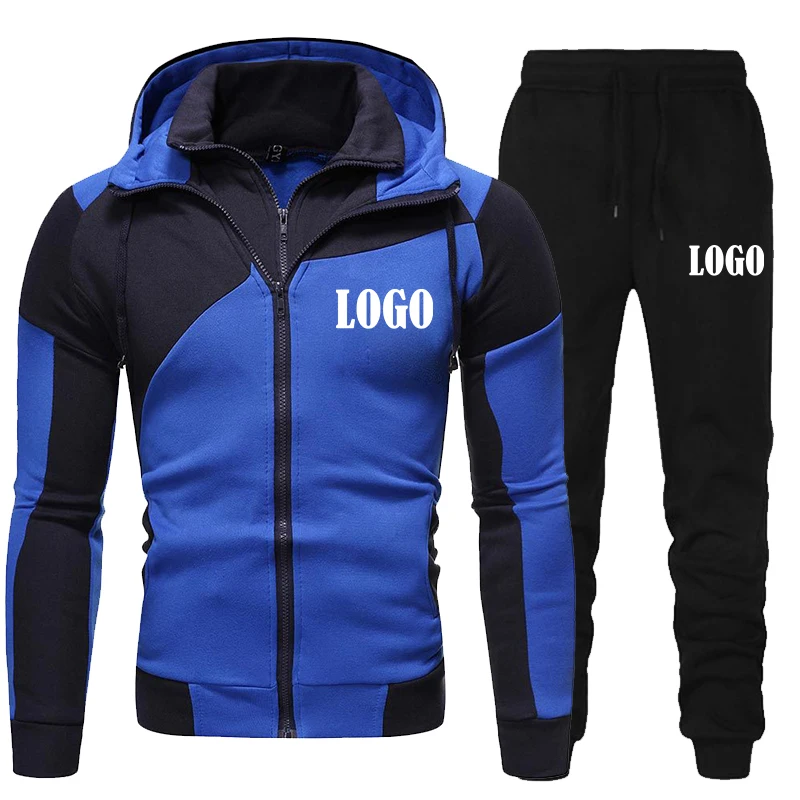 Setelan jaket ritsleting pria, baju olahraga mode baru kustom dan celana hitam Hoodie ritsleting katun