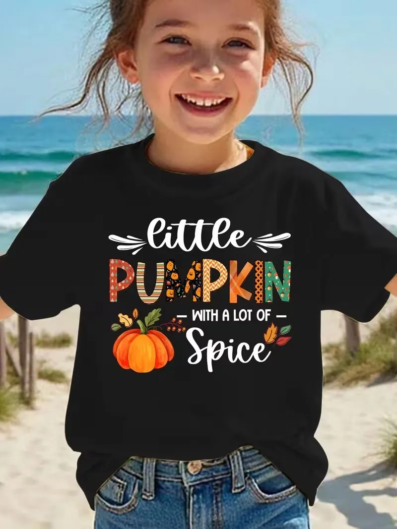 Girls' Summer Fashion Short Sleeve T-shirt Thanksgiving Pumpkin Element Little Pumpkin Letter Print Casual Versatile Top for Kid