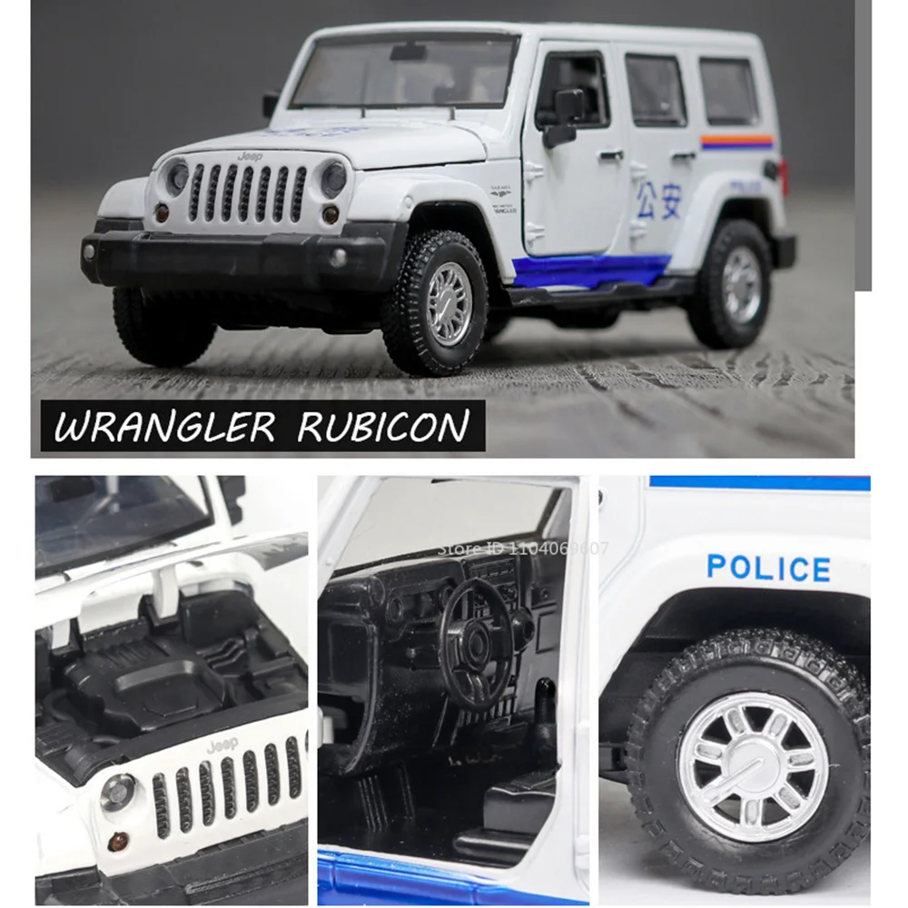 1:32 Wrangler Modello di auto della polizia Giocattoli Pressofuso in metallo Suono Luce Porte aperte Tirare indietro Pneumatici in gomma Veicoli festival Regalo per il ragazzo