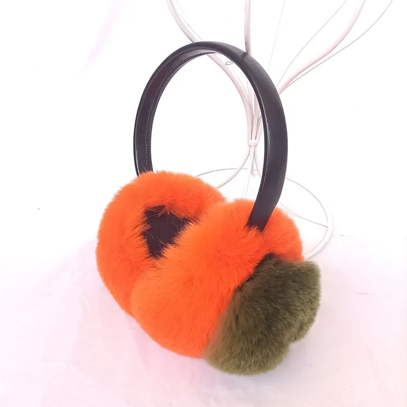 Women Cute persimmon Real Rabbit Fur Earcap Fashion Warm Orange Winter Lovely  Genuine Rex Rabbit Fur Earmuff