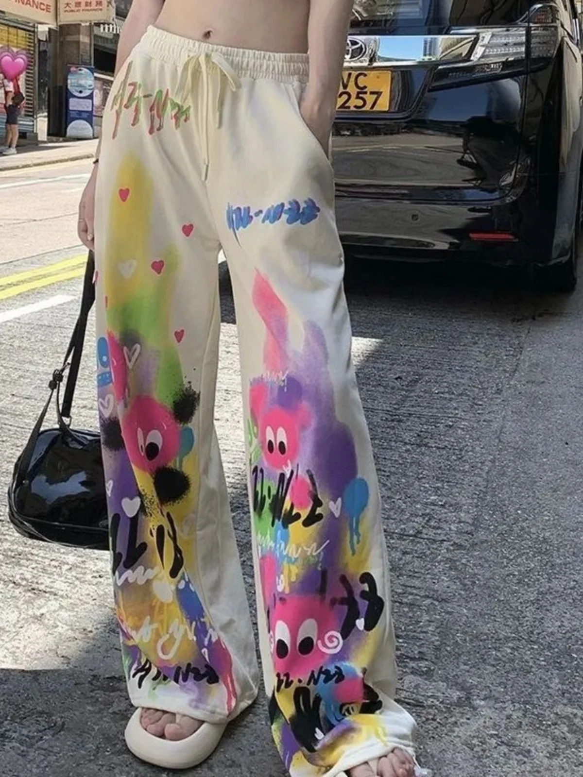 Cintura alta dstring calças largas perna casual fiti rua sle cintura alta confortável ajuste solto leggings