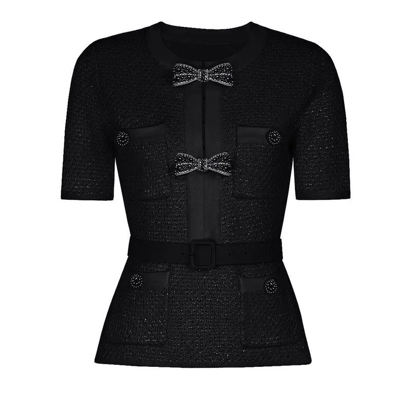Elegant Knitted Top Short Sleeve Waist Belt Slimming Design Chinese Brand Women's Fashion Spring Autumn High Quality Knitwear
