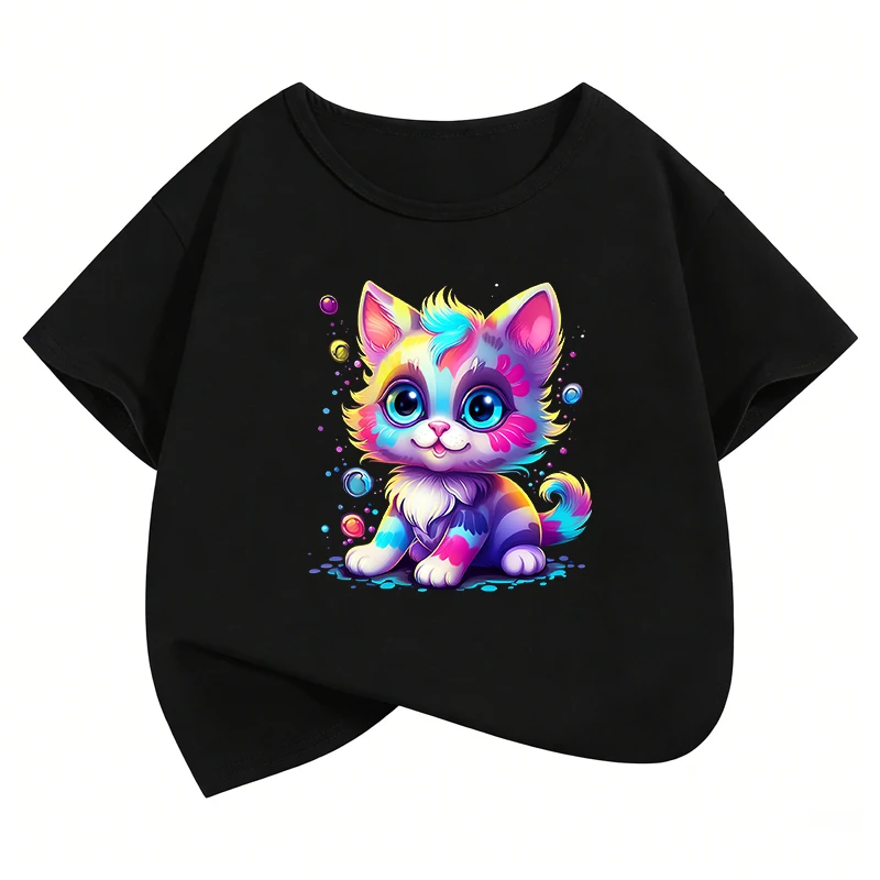 Funny Colorful Cat Design T-Shirt Printed T Shirt Girls' Summer Clothes Short Sleeve Tops T-Shirts Cute Cat Girls Clothing