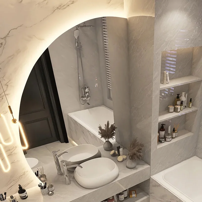 مرآة جمالية خفيفة تصميم غير منتظم جدار لاصق الغرور مرآة حمام ذكية تصميم حمام كبير Espelho الديكور HX50DM