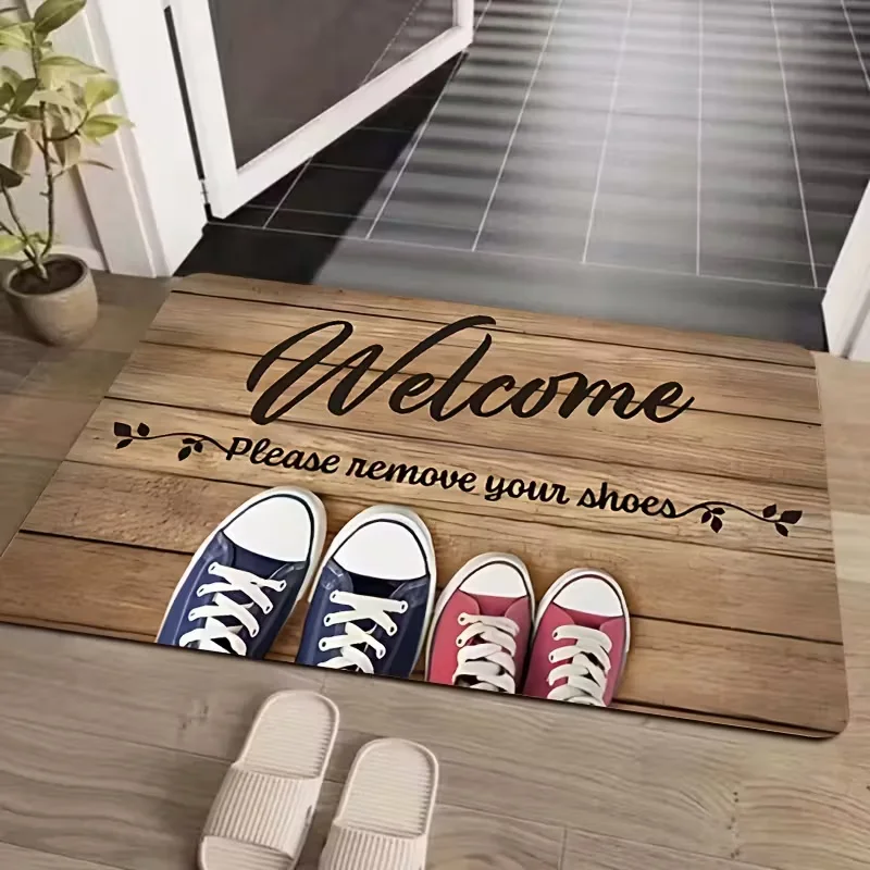 Please Take Off Your Shoes When Entering. Welcome Mat with Retro Wooden Texture Anti Slip Pad. Entrance Door Mat