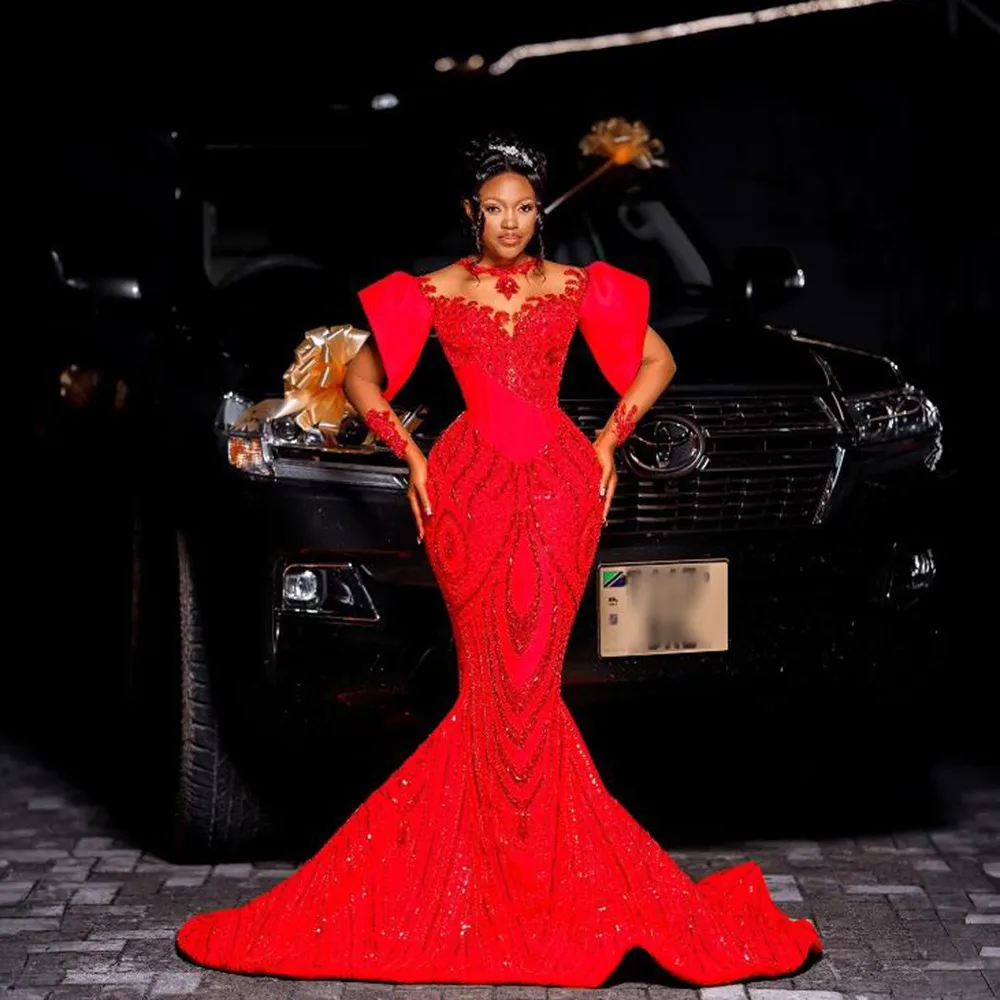 Sparkly Red Crystals Beaded Mermaid Prom Dress Customized O Neck Illusion Long Sleeves Evening Gowns Plus Size Female Clothing