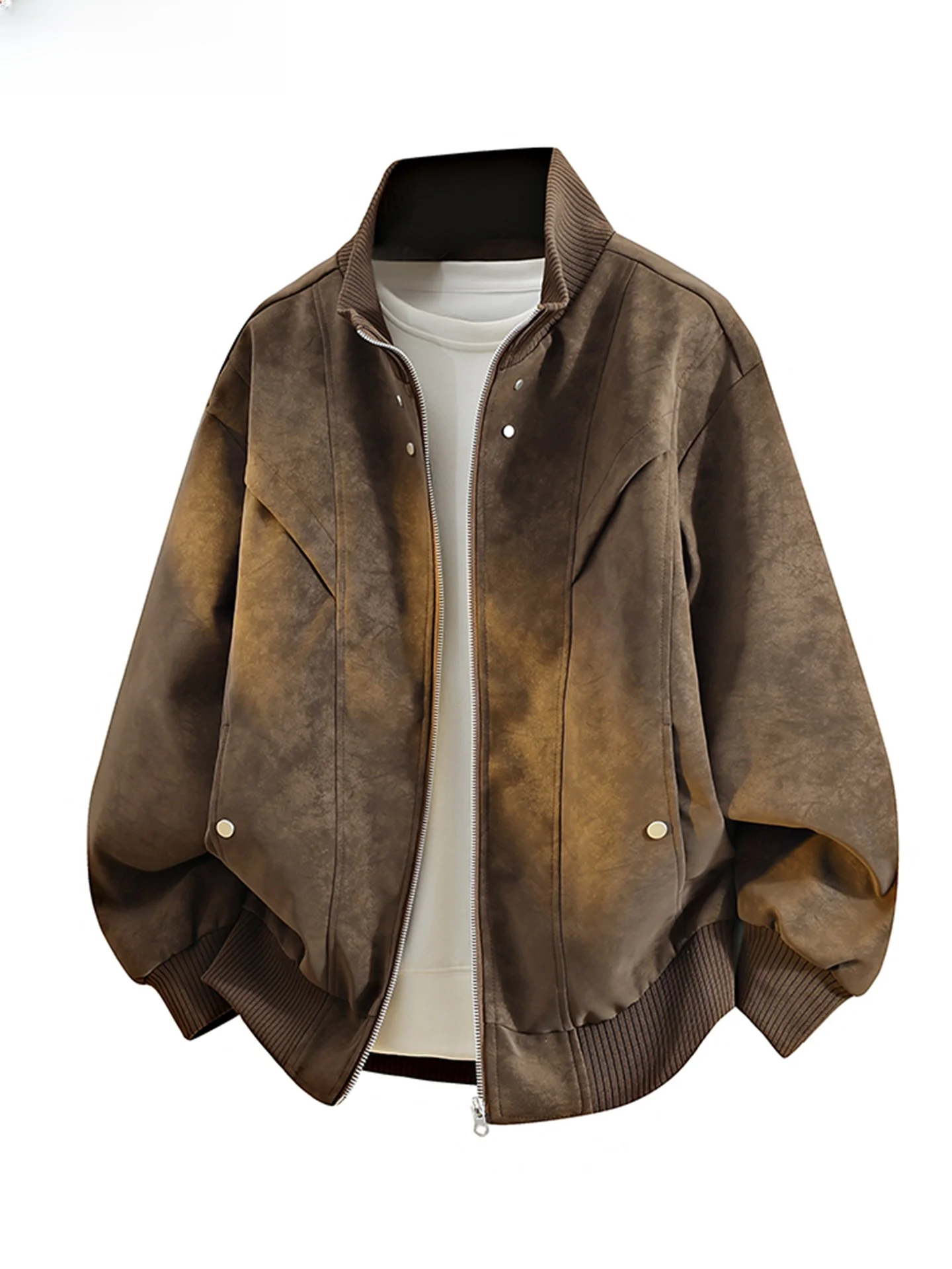 

Wassup Vals American Retro Loose Casual Stand Collar Leather Jaet for Men Autumn Faion Outerwear Windproof Zipper Closure