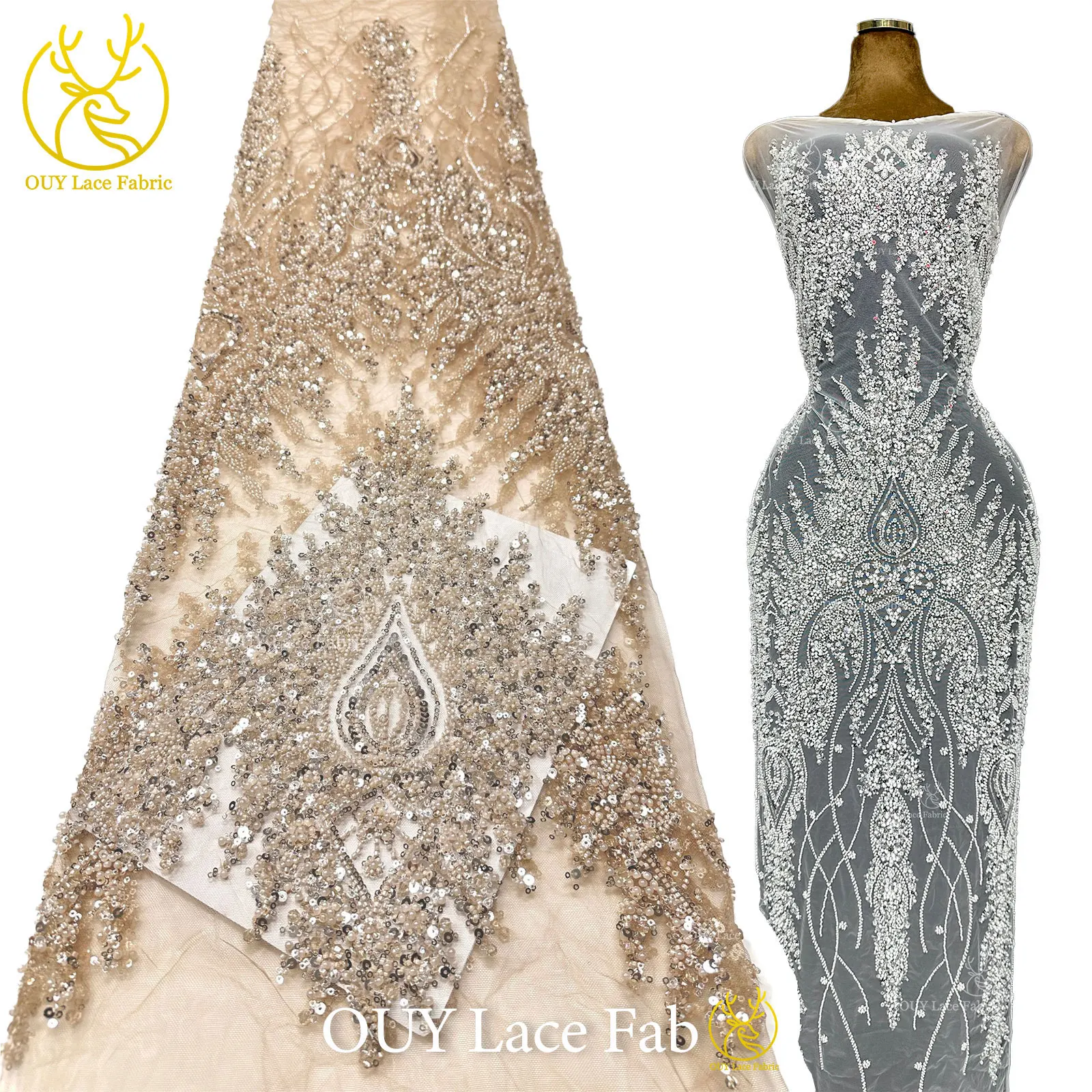 

New Design African Groom Embroidery Beaded Lace Fabric High-End French Sequins Mesh Lace Fabric Nigerian Women Evening Dress