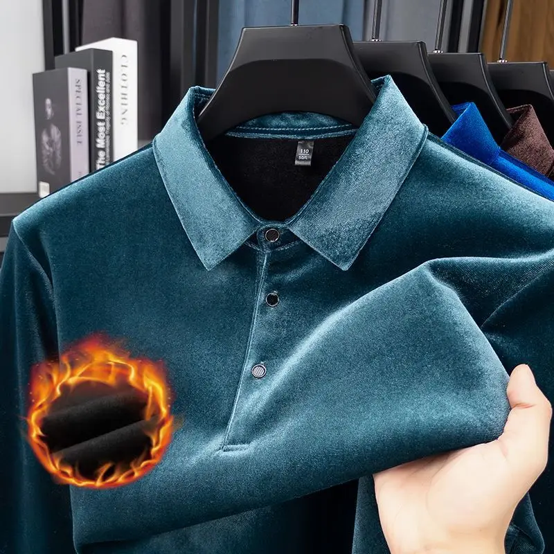 Men Long Sleeve Polo Shirt Velvet Fleece Lined Lapel Solid Color Warm Casual Top For Middle Aged Winter