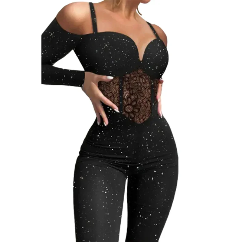 

Fashion Lace See-through Suspenders Long Sleeve Jumpsuit Women Sexy Off The Shoulder Slim Glitter Rompers Female Pencil Pants 24