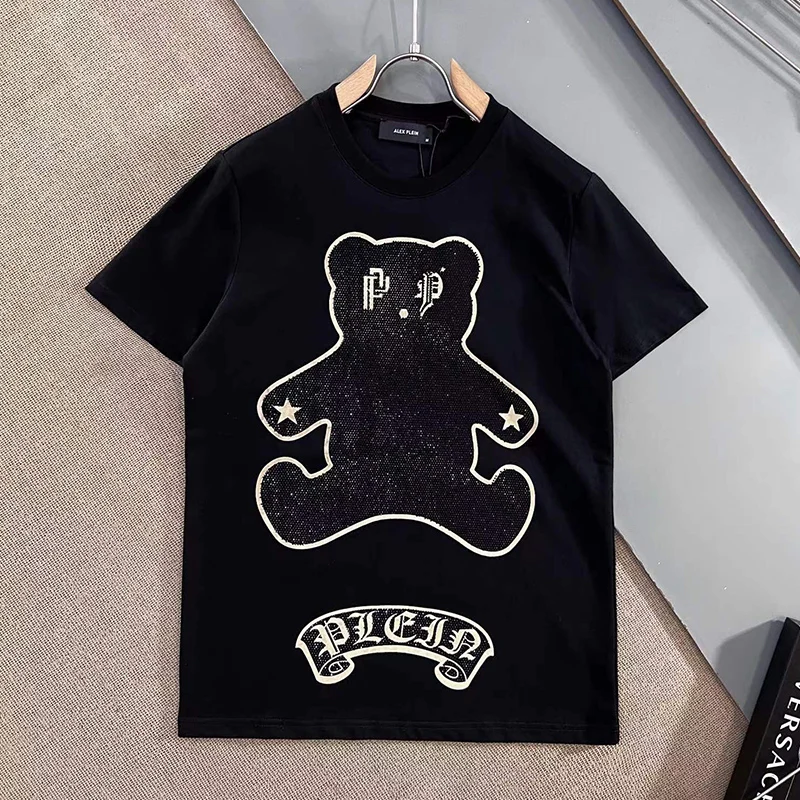 AlexPlein Bear Rhinestones Crystal Men\'s Clothing Fashion 2022 Summer Shortsleeve Round Neck Streetwear Chic Hiphop 100% Cotton