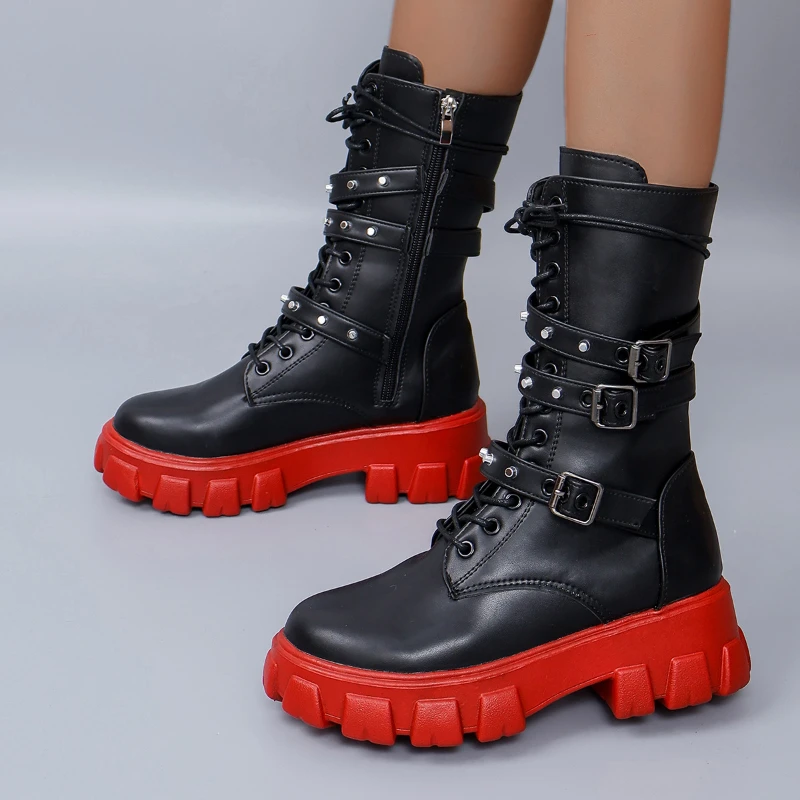 Luxus frauen Stiefel Pu Leder Damen Mid-kalb Stiefel Punk Gothic Biker Stiefel Seite Zip Schuhe für Frauen neue Botines Para Mujeres