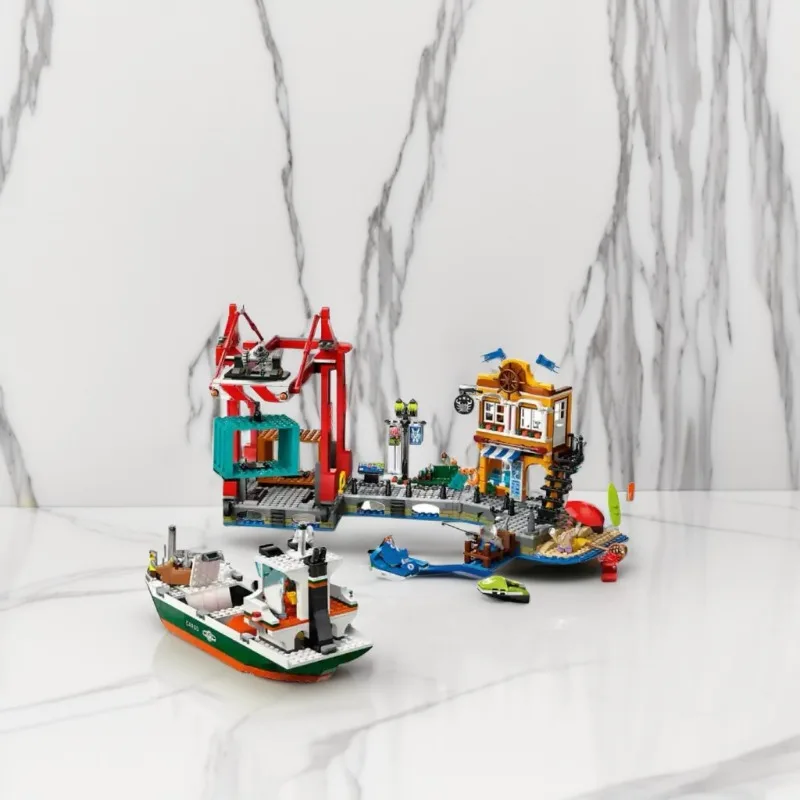 Kreatives Set Stadtserie am Meer Hafen und Fracht Schiff Modell Container Kran und Schiff