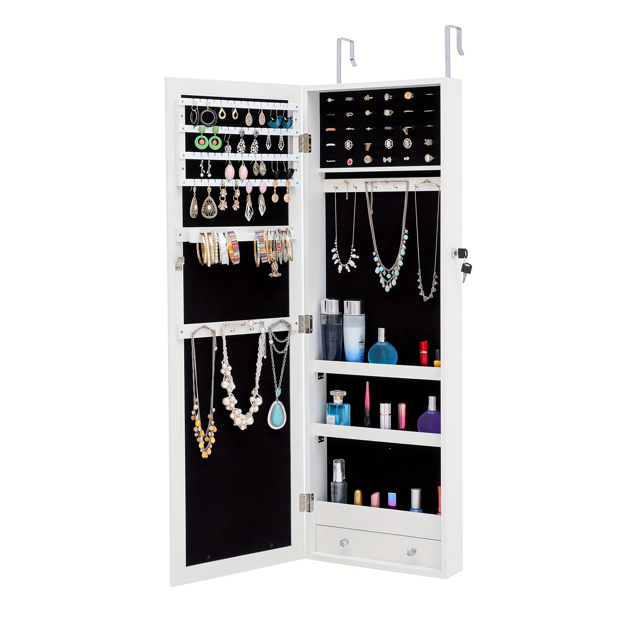 

1pc Large Capacity Lockable Jewelry Storage Cabinet With Full-Length Mirror - Wall/Door Mounted Organizer for Rings, Necklaces,