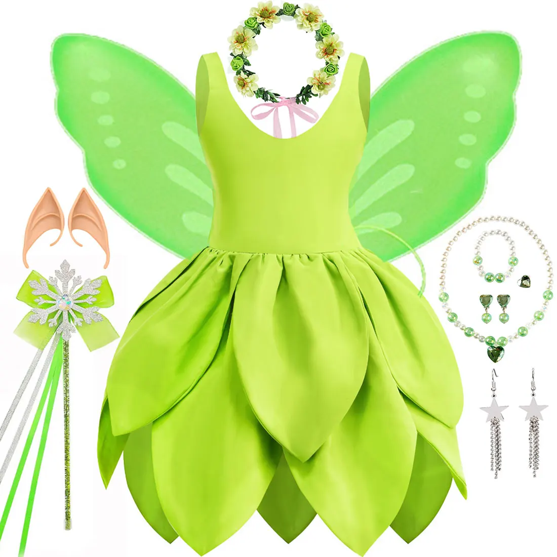 Christmas Disney Elf Fairy Princess Dress for Girl Playing Cute Fairy Green Natural Dress with Wings Birthday Party Gift for Kid