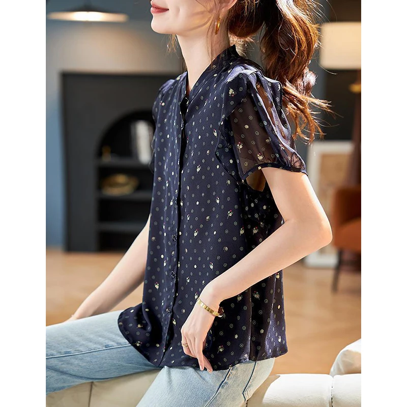 Moda O-Collo Stampato Increspature Polka Dot Camicie Abbigliamento donna 2025 Estate Nuovo Allentato Manica corta All-match Top Camicette coreane
