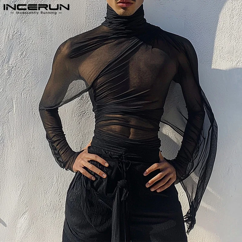 INCERUN Ruffled Edge Sexy Elegant Tops Fashion Top See Through Solid Color Knitted T-Shirts Men Long Sleeve High Collar Camiseta