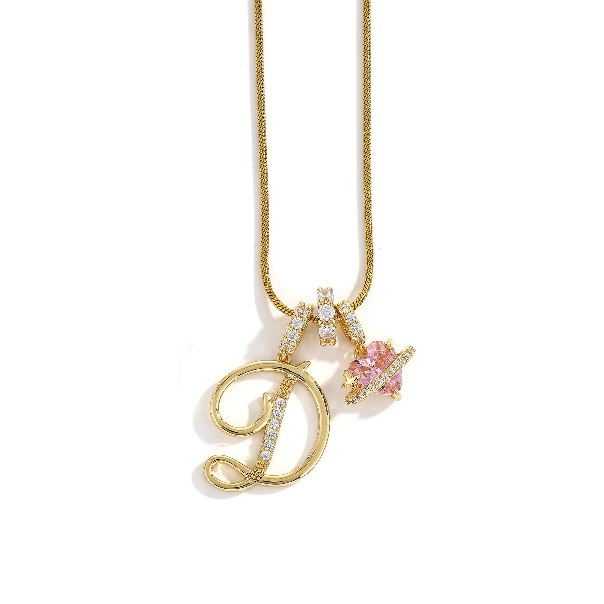 Women's A-Z Initial Letter Pendant Necklace Snake Chain Initial Alphabet CZ Pink Heart Necklace Adjustable Size Hypoallergenic