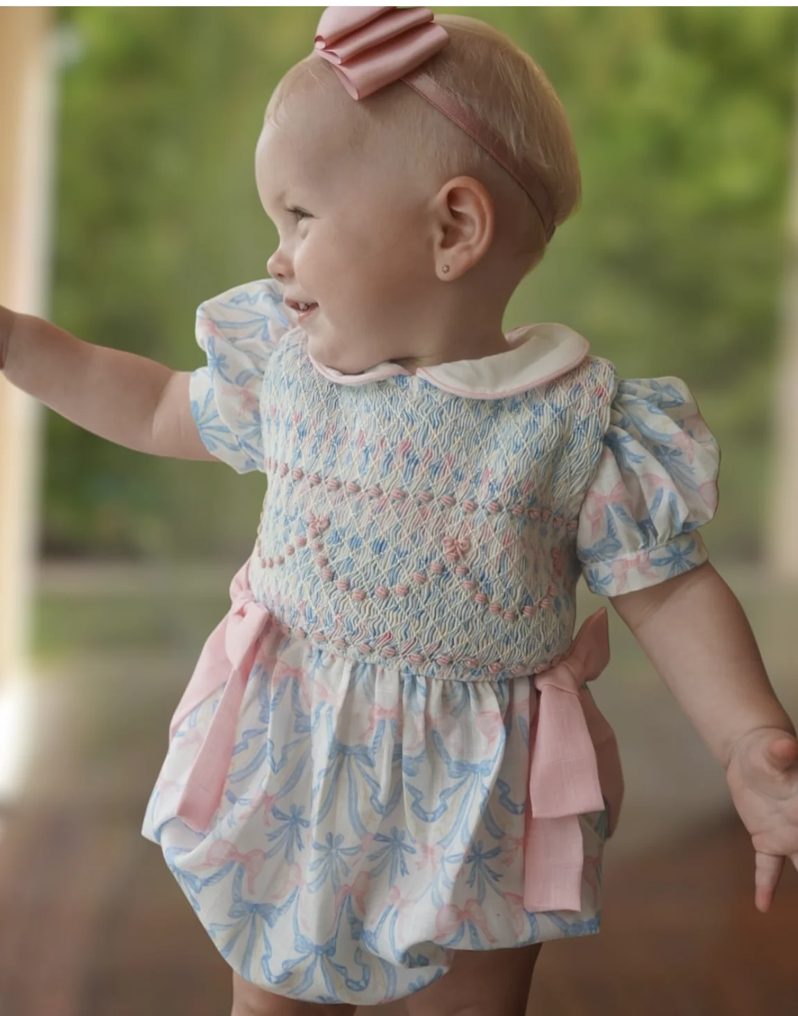 

Baby Girl Summer Pink Flower Handmade Embroidery Smocked romper for Eid Birthday Party Holiday Photography Casual A29