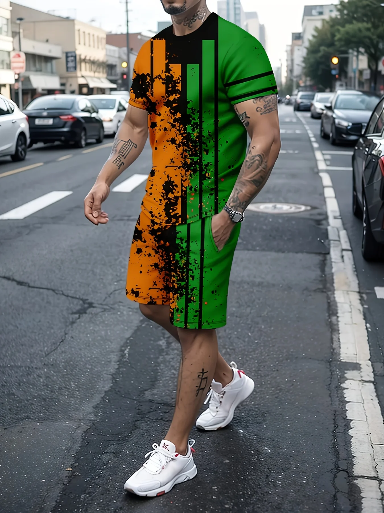 

Men's Casual Sports Outdoor Contrast Printed T-Shirt Pocket Shorts Set