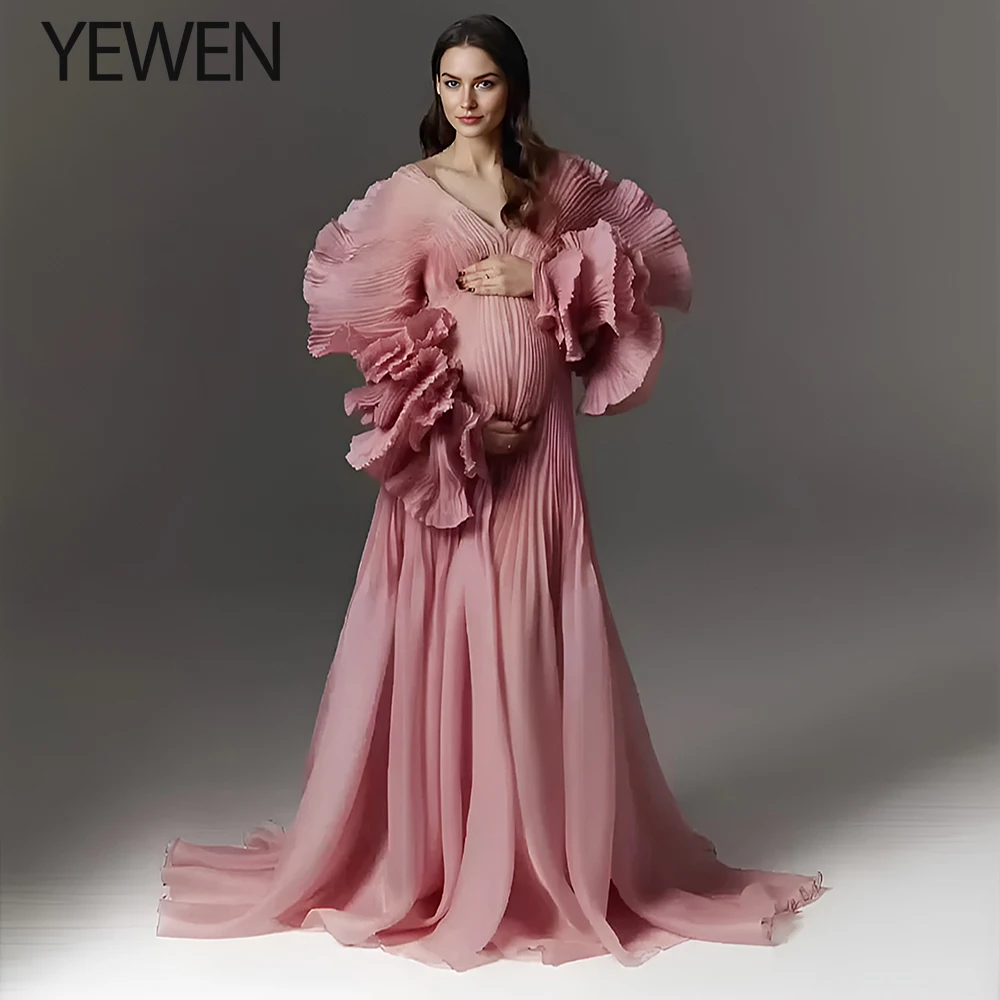 2025 V Neck Pleated Organza Maternity Dresses for Photoshoot Long Dress for Pregnancy Shoot Baby Shower Dresses YEWEN YW243116