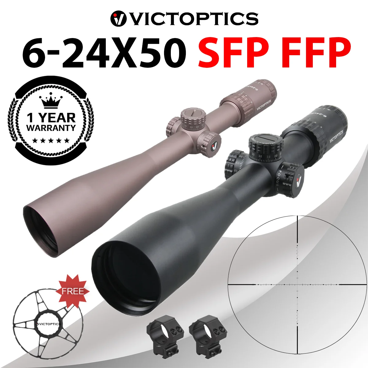 

Victoptics S4 6-24x50 FFP SFP FDE MDL Riflescope Hunting Tactical Edge-to-Edge Image with Turret Lock Feature Long Eye Relief