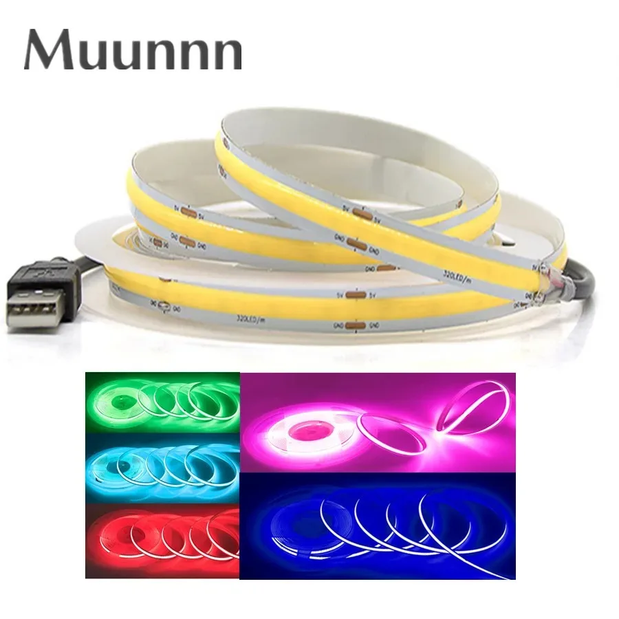 

USB COB Strip DC 5V 320Leds/M Red/Pink/White/Ice Blue/Yellow Cabinet Light Lamp TV Backlight Flexible Ribbon Rope LED Strip